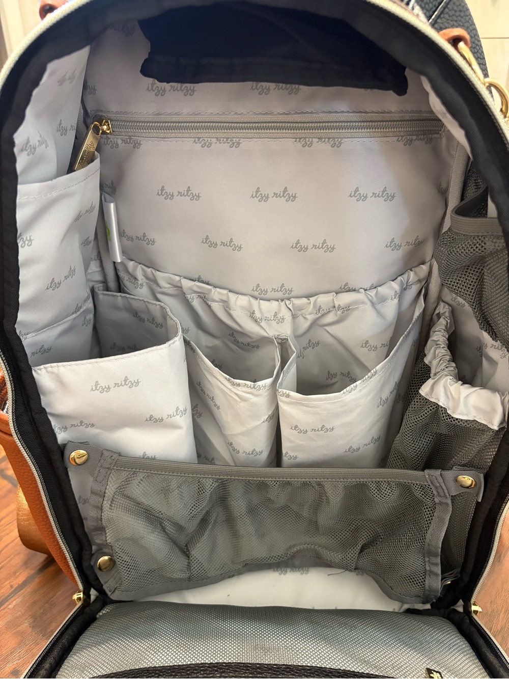 Itzy Ritzy Black Herringbone, White & Brown Backpack Purse - Picture 3 of 11